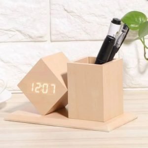 Wooden Office Pen Holder with Digital Clock