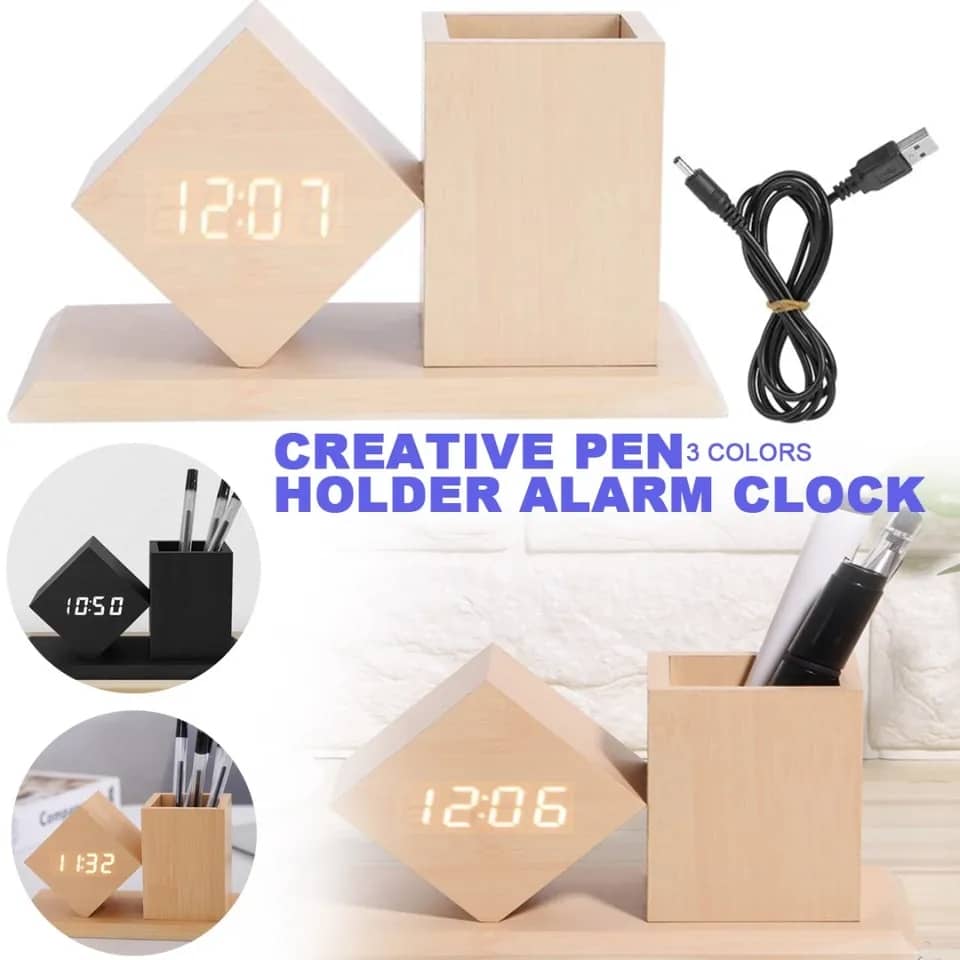 Wooden Office Pen Holder with Digital Clock - Image 4